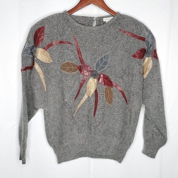 80s Silk Angora Pullover Sweater L Dolman Faux Leather Bead Floral Leaf Gray Red - Picture 1 of 8